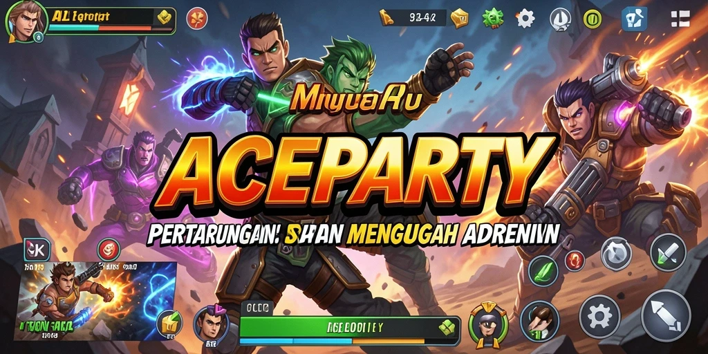 Tangkapan layar gameplay ACEPARTY yang menampilkan pertarungan epik dan karakter unik.