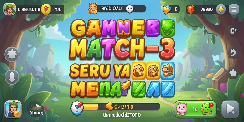 Screenshot menunjukkan gameplay Match-3 yang seru dan penuh warna.