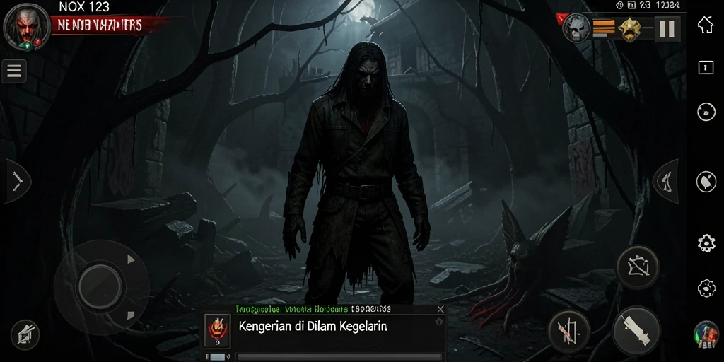 Screenshot NOX123 menampilkan suasana gameplay yang mencekam dan menyeramkan.