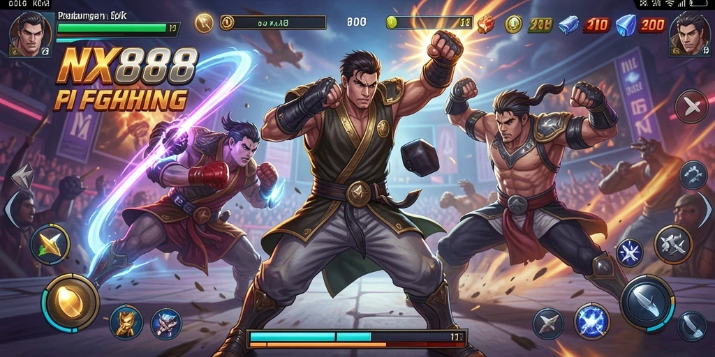 Screenshot gameplay NX888 menampilkan pertarungan intens dengan karakter unik.