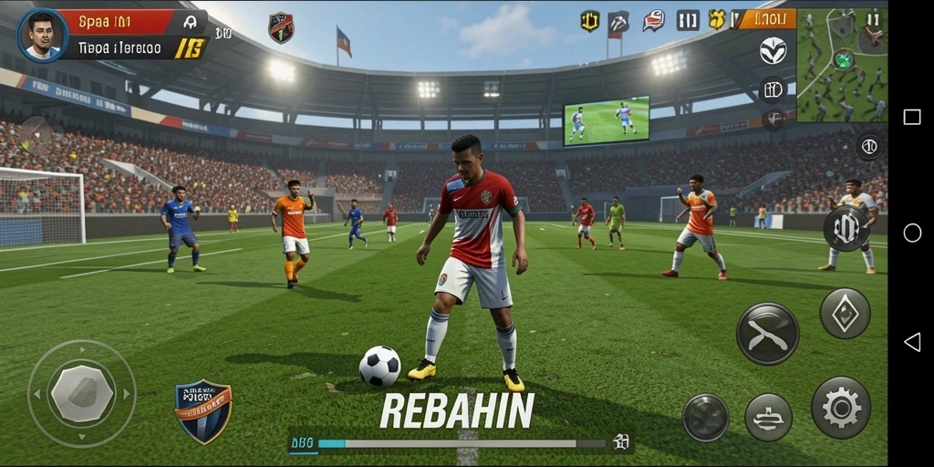 Tampilan gameplay REBAHIN yang menyajikan aksi sepak bola seru.
