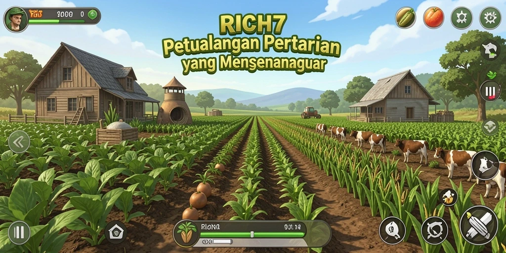 Tangkapan layar utama RICH7 menampilkan gameplay pertanian yang seru dan interaktif.